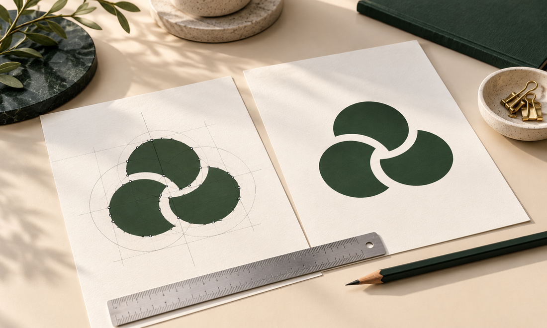 Generated illustration of logo artwork with construction guides, a clean version, a ruler and a pencil