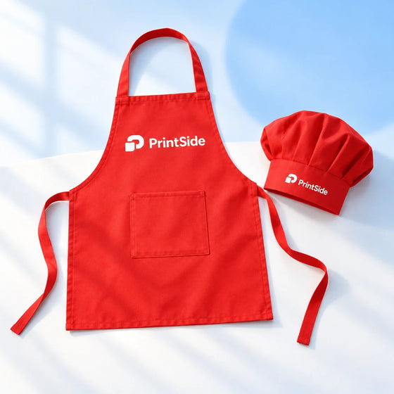 Red child’s apron and matching chef hat with PrintSide branding.