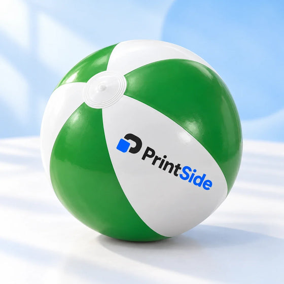 Green-and-white inflatable beach ball with a PrintSide logo.
