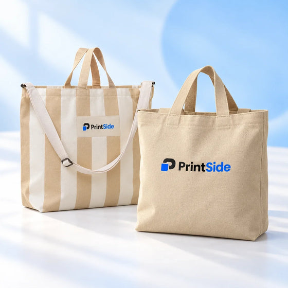 Randig och naturfärgad strandväska med PrintSide-logotyper.