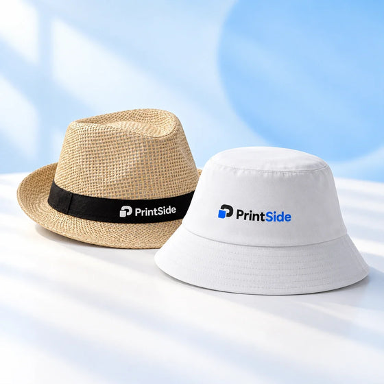 Straw fedora with a black band and white bucket hat with PrintSide logos.