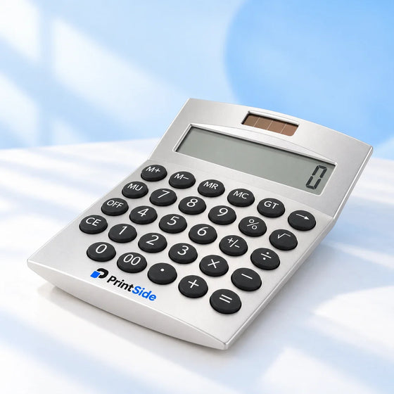 Silver desktop calculator with black keys and a PrintSide logo.