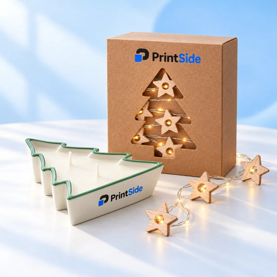 Tree-shaped candle and warm wooden-star LED lights in a kraft box with PrintSide branding.