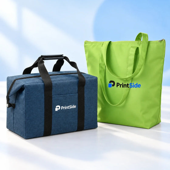 Blå rektangulär kylväska och limegrön kylkasse med PrintSide-logotyper.