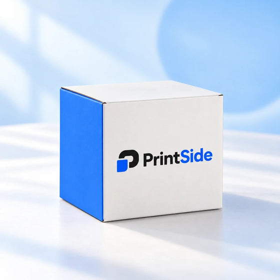White carton gift box with a blue side panel and PrintSide logo.