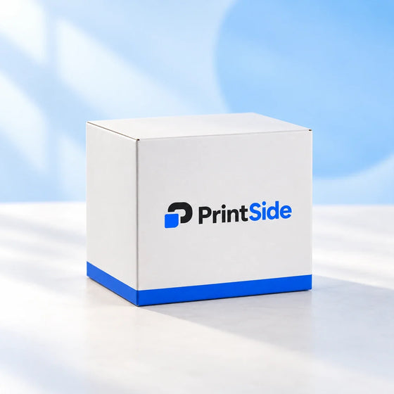 White carton gift box with a blue lower band and PrintSide logo.