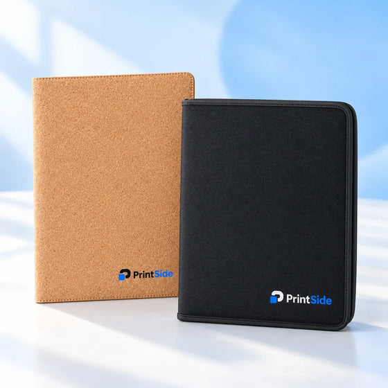 Cork document folder and black zipped conference portfolio with PrintSide logos.