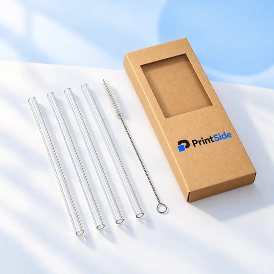 Clear glass drinking straws and cleaning brush beside a kraft PrintSide box.