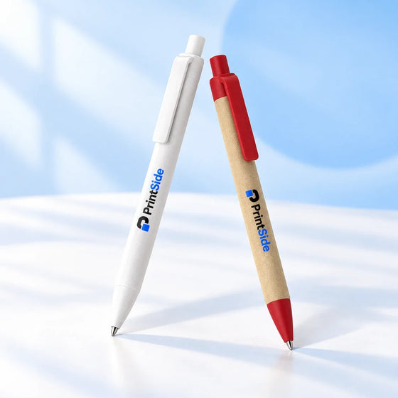 White and kraft paper-barrel pens with PrintSide logos.