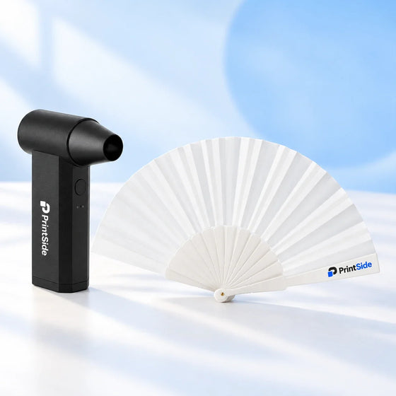Black portable turbo fan and white folding hand fan with PrintSide logos.