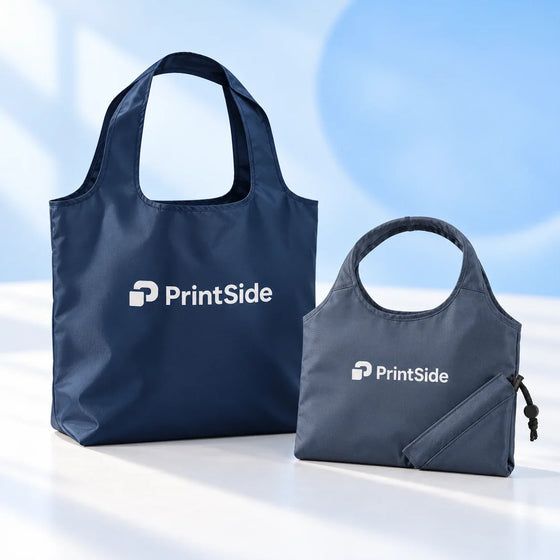 Tummansininen ja harmaa taitettava ostoskassi PrintSide-logoilla.