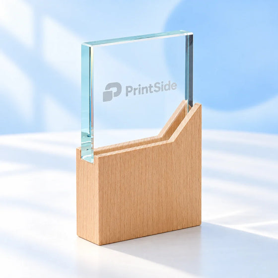 Läbipaistev kandiline kristallauhind puidust alusel PrintSide’i märgistusega.