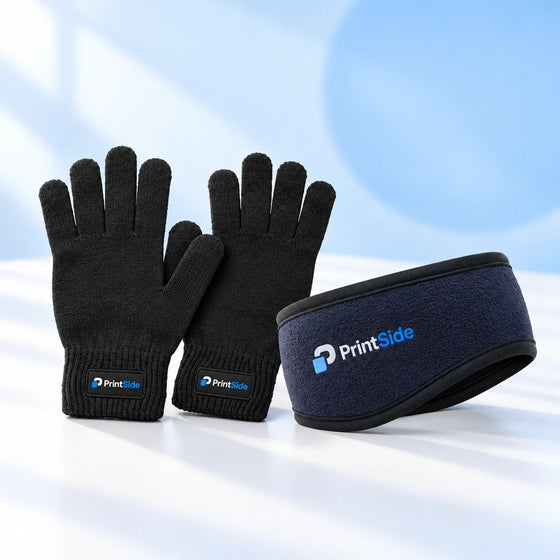 Black knitted gloves and navy fleece headband with PrintSide logos.