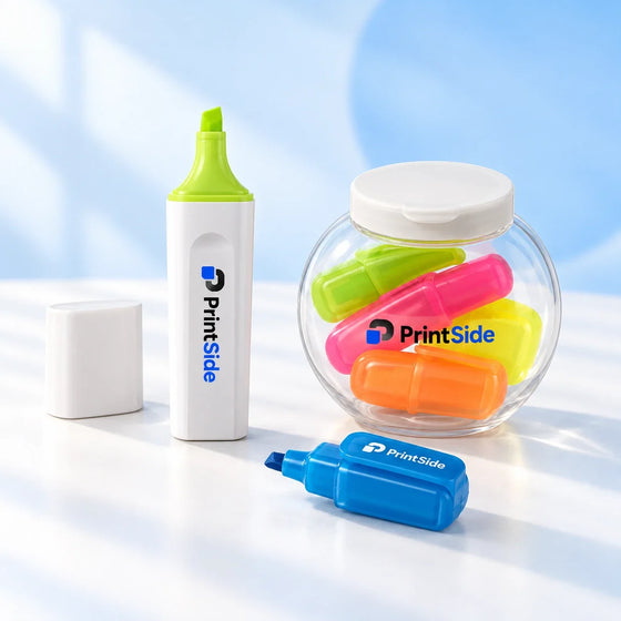 White highlighter with a lime tip beside colourful mini highlighters in a clear round container with PrintSide branding.