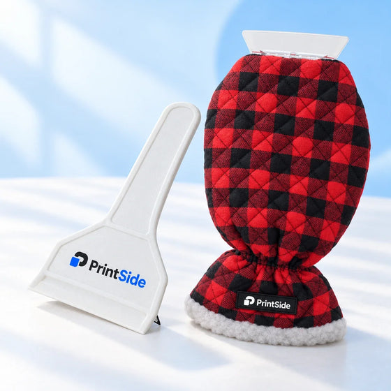 White handheld ice scraper and red checked scraper mitten with PrintSide logos.
