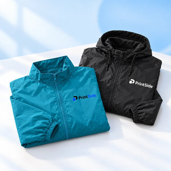 Folded teal and black windbreakers with PrintSide logos.