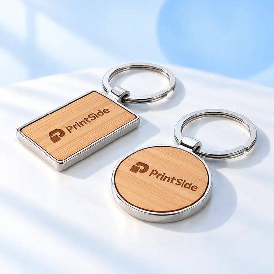 Rectangular and round wooden keyrings with engraved PrintSide logos.