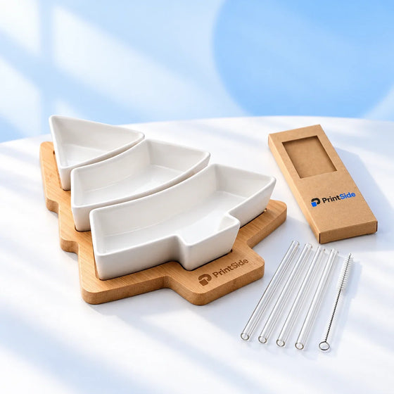 Tree-shaped ceramic serving dish on bamboo and glass straws with PrintSide-branded packaging.