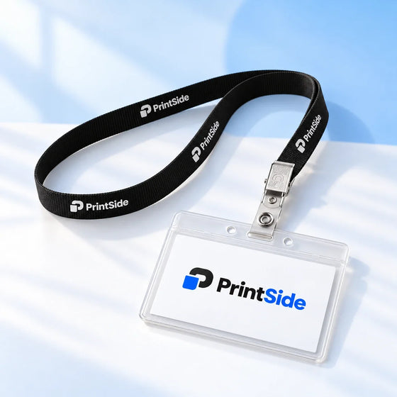 Must kaelapael ja läbipaistev nimesildihoidja PrintSide’i logodega.