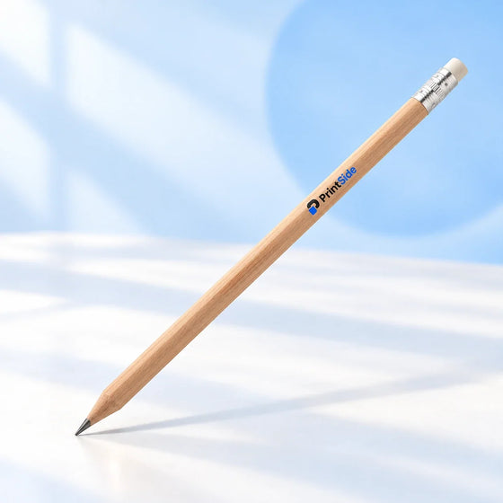 Natural wood graphite pencil with a white eraser and PrintSide branding.