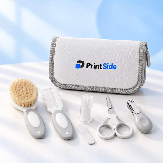 Grey and white baby grooming tools beside a matching PrintSide case.