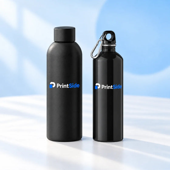 Black metal bottles with plain and loop caps and PrintSide logos.