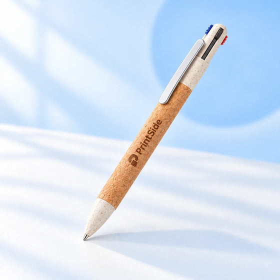 Four-colour ballpoint pen with a cork barrel, white grip and PrintSide branding.