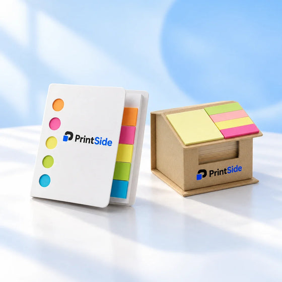 Colourful page markers and kraft memo cube with PrintSide logos.