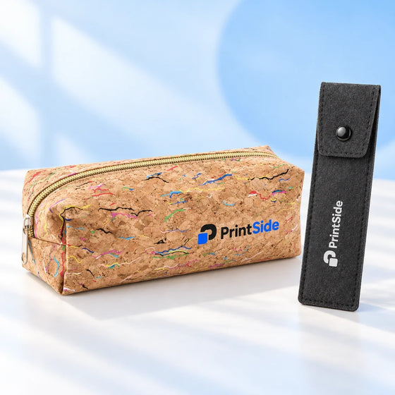 Natural cork zip pencil pouch and dark grey felt pen sleeve with PrintSide logos.