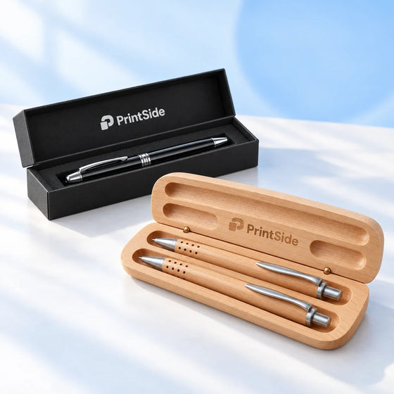 Black-and-silver pen in a black presentation case beside two wooden pens with an open wooden case and PrintSide branding.