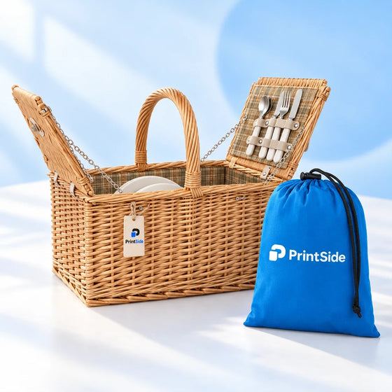 Wicker picnic basket with fitted tableware beside a blue packed hammock pouch with PrintSide branding.