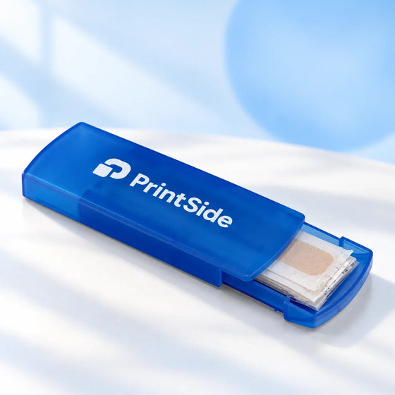 Blue sliding bandage box with PrintSide branding.