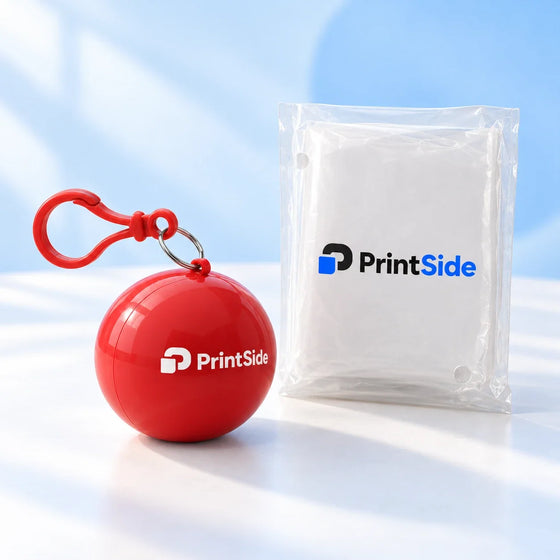Red ball-shaped poncho case and folded translucent poncho pouch with PrintSide logos.