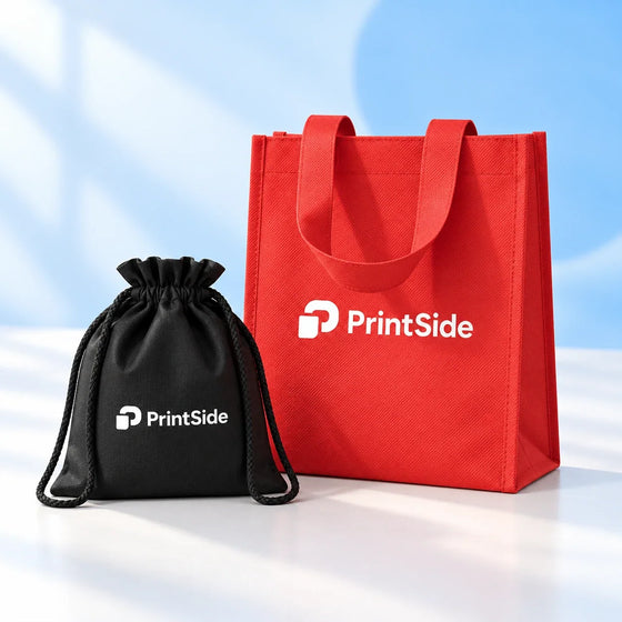 Svart dragskopåse och röd presentkasse med PrintSide-logotyper.