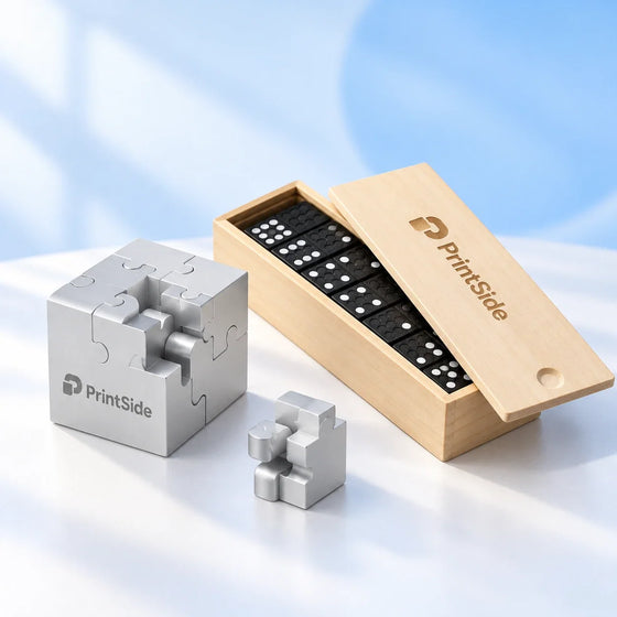 Metal puzzle cube and wooden domino case with PrintSide logos.