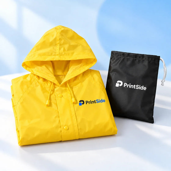 Folded yellow raincoat and black storage pouch with PrintSide logos.