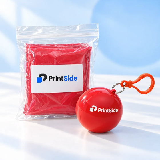 Red poncho ball case and packaged poncho with PrintSide logos.