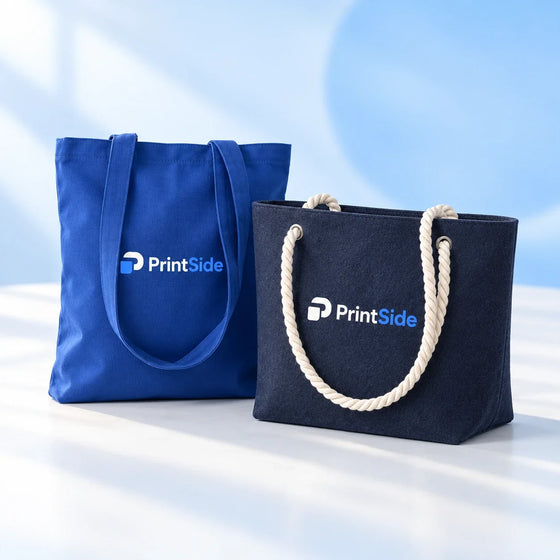 Blue cotton tote and navy felt bag with rope handles and PrintSide logos.