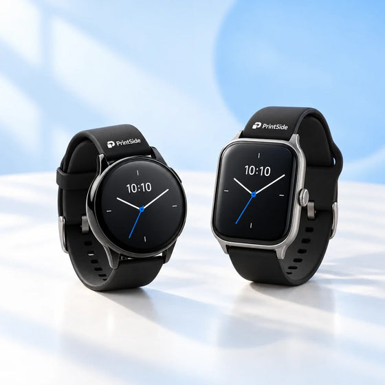 Round and rectangular black smartwatches with PrintSide logos on their straps.