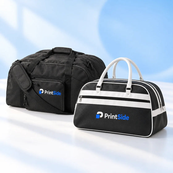 Black duffel and black-and-white retro sports bag with PrintSide logos.