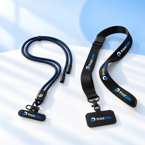 Navy cord and black fabric lanyards with clips and PrintSide logos.