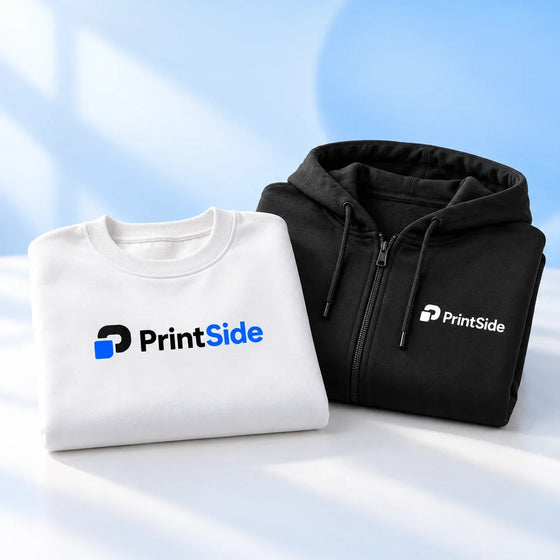Folded white sweatshirt and black zip hoodie with PrintSide logos.