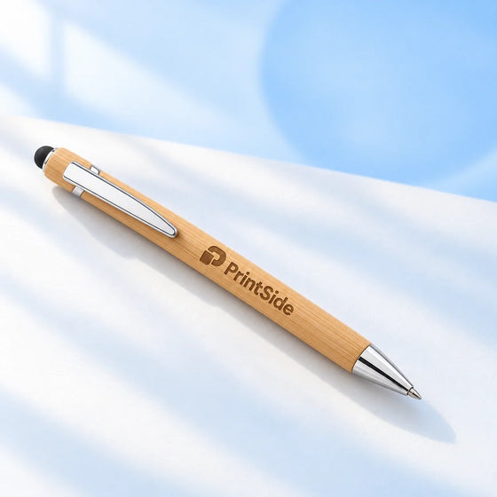 Bamboo ballpoint pen with a black stylus, silver clip and PrintSide engraving.