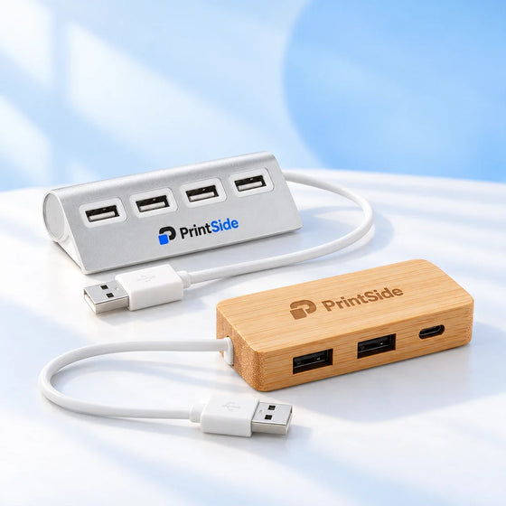 Silver and bamboo USB hubs with white cables and PrintSide logos.