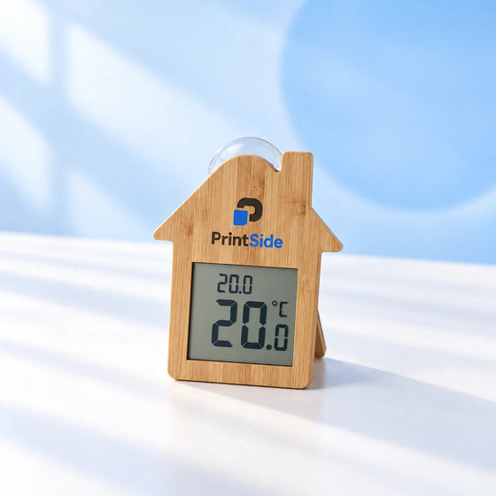 House-shaped bamboo digital thermometer with a PrintSide logo.