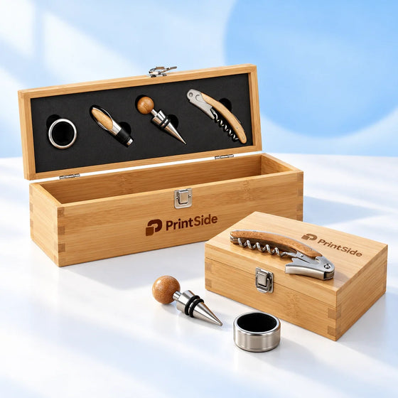 Bamboo wine accessory boxes with corkscrews, stoppers and drip rings, with PrintSide branding.