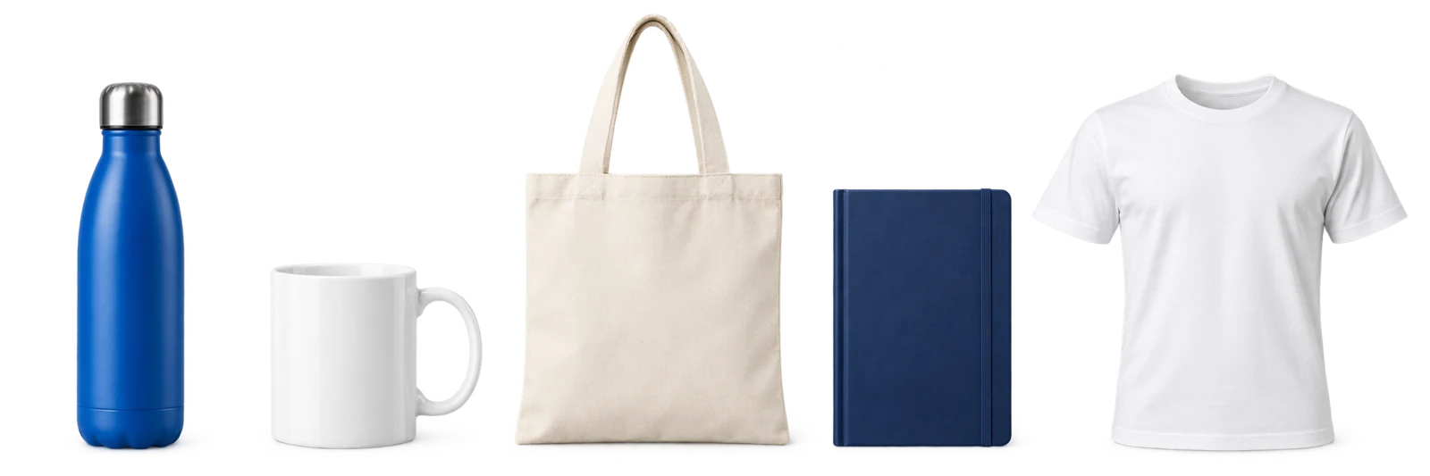 Five promotional products ready for your logo: bottle, mug, tote bag, notebook and T-shirt